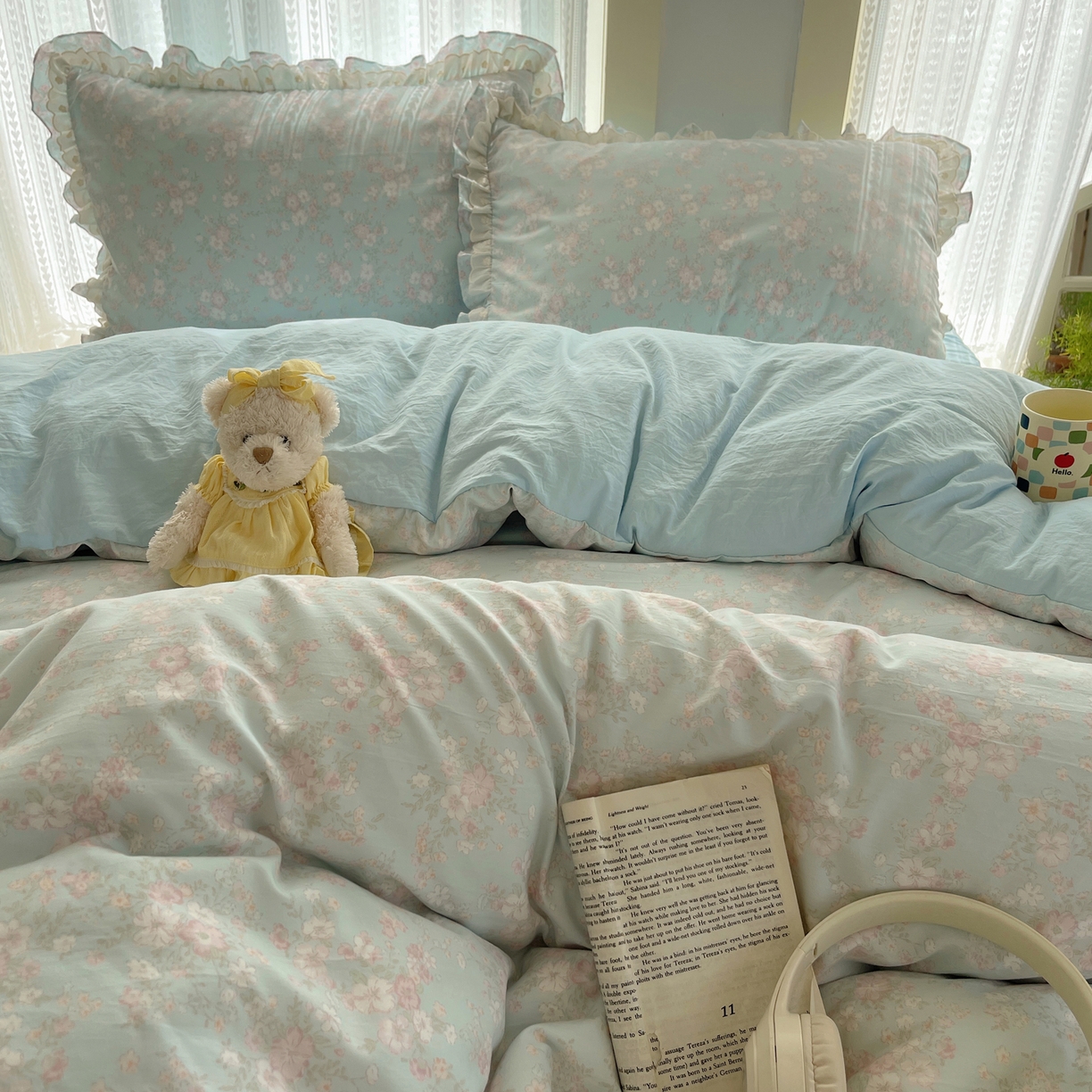 91家纺网 家纺一手货源 找家纺 轻奢坊 2025新款双层花边仙仙碎花水洗棉四件套 花开半夏-蓝