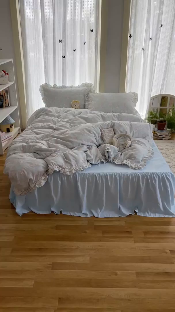 91家纺网 家纺一手货源 找家纺 轻奢坊 2025新款双层花边仙仙碎花水洗棉四件套 花开半夏-蓝