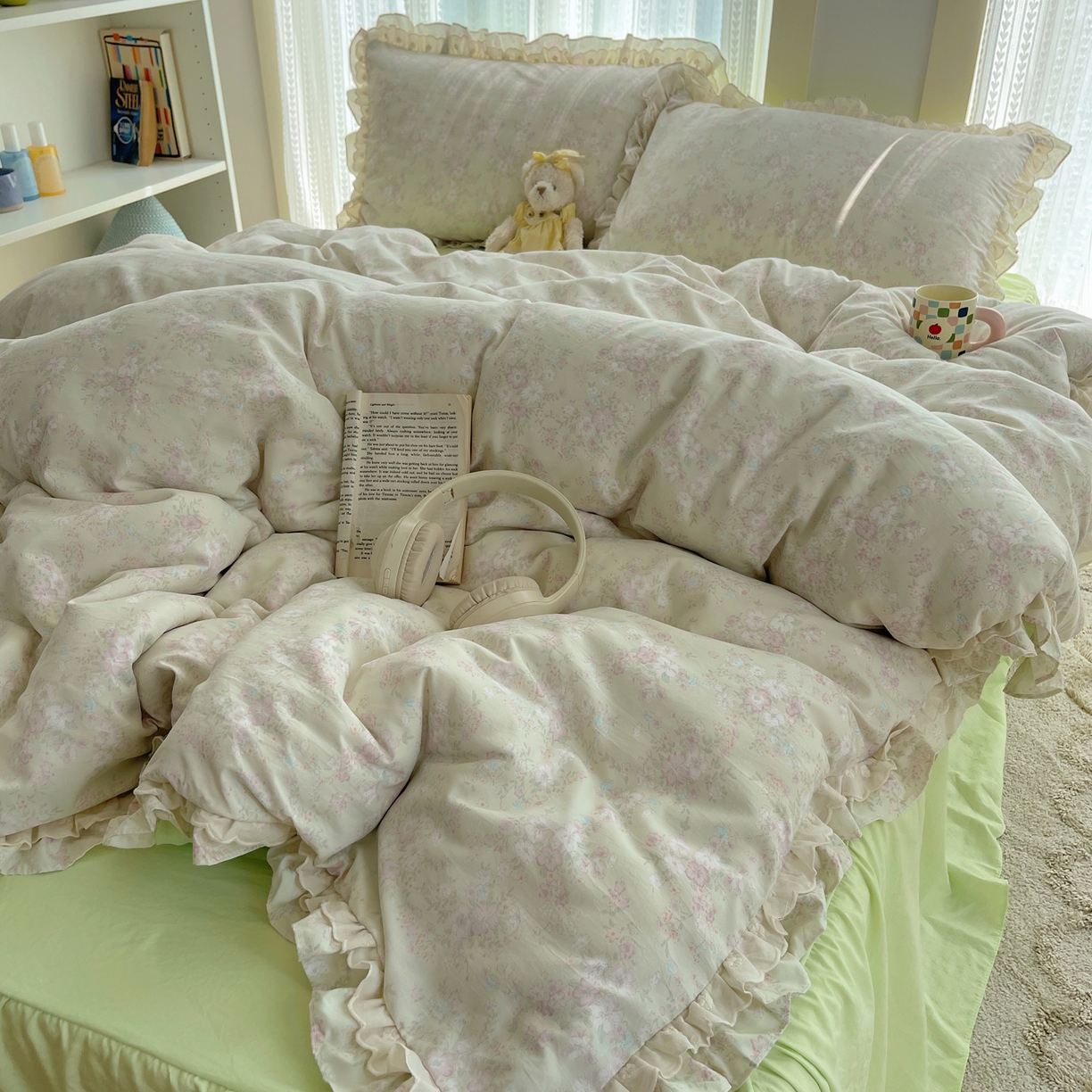 91家纺网 家纺一手货源 找家纺 轻奢坊 2025新款双层花边仙仙碎花水洗棉四件套 花开半仙-绿