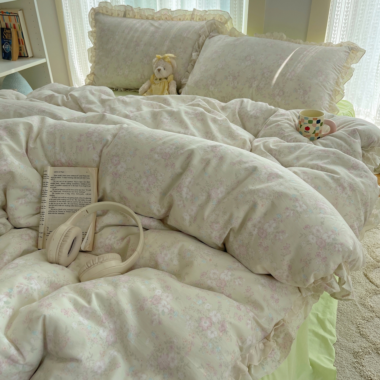 91家纺网 家纺一手货源 找家纺 轻奢坊 2025新款双层花边仙仙碎花水洗棉四件套 花开半仙-绿