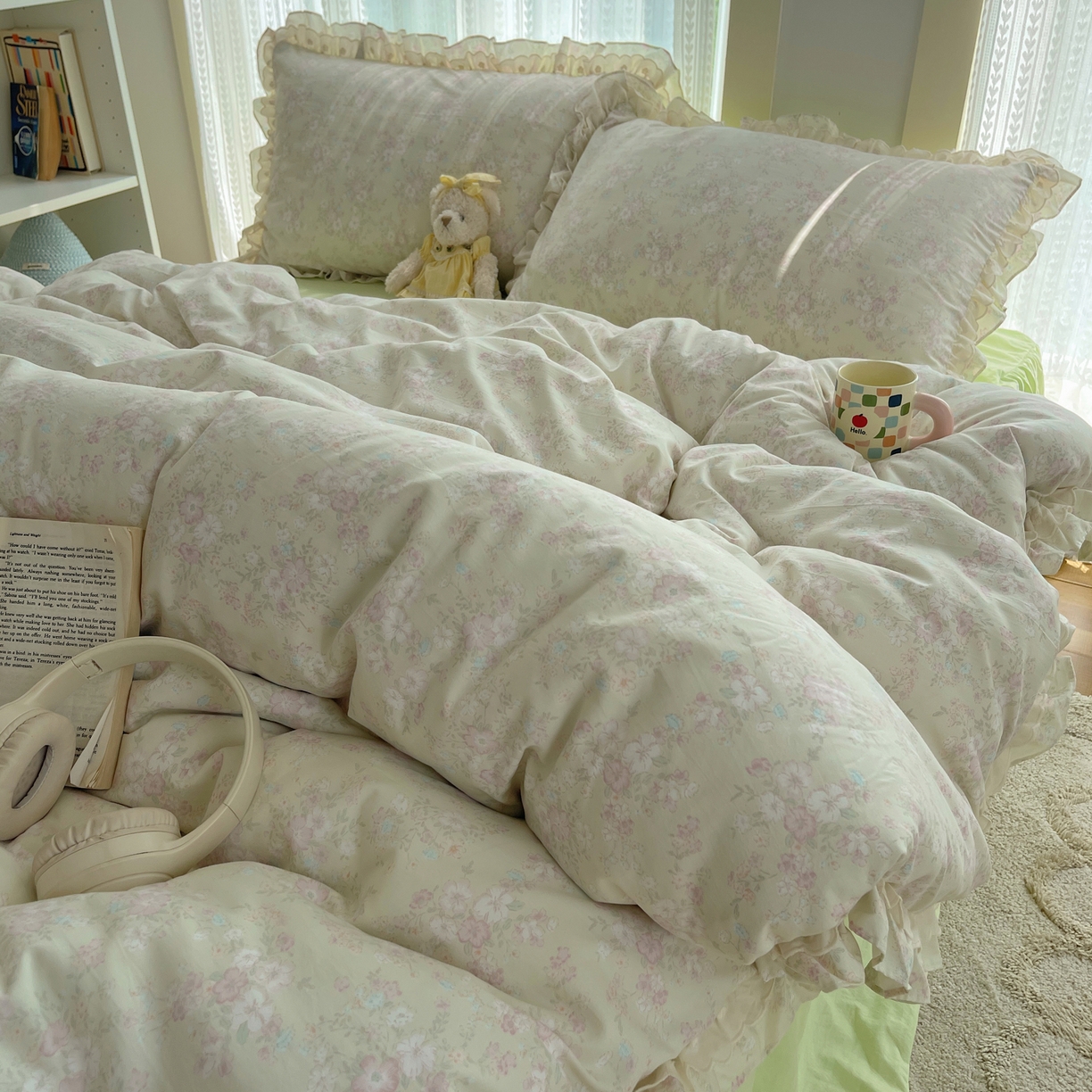 91家纺网 家纺一手货源 找家纺 轻奢坊 2025新款双层花边仙仙碎花水洗棉四件套 花开半仙-绿