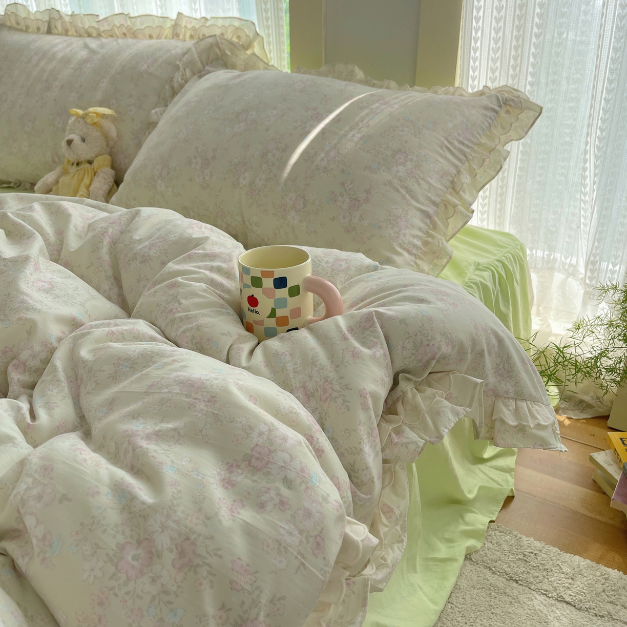 91家纺网 家纺一手货源 找家纺 轻奢坊 2025新款双层花边仙仙碎花水洗棉四件套 花开半仙-绿