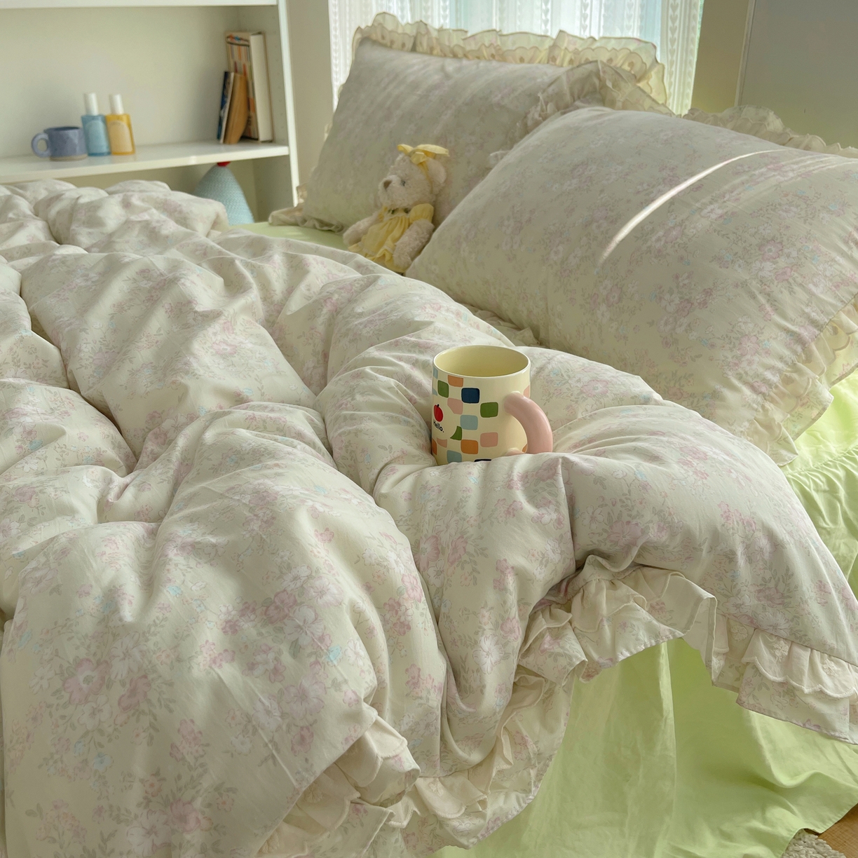 91家纺网 家纺一手货源 找家纺 轻奢坊 2025新款双层花边仙仙碎花水洗棉四件套 花开半仙-绿