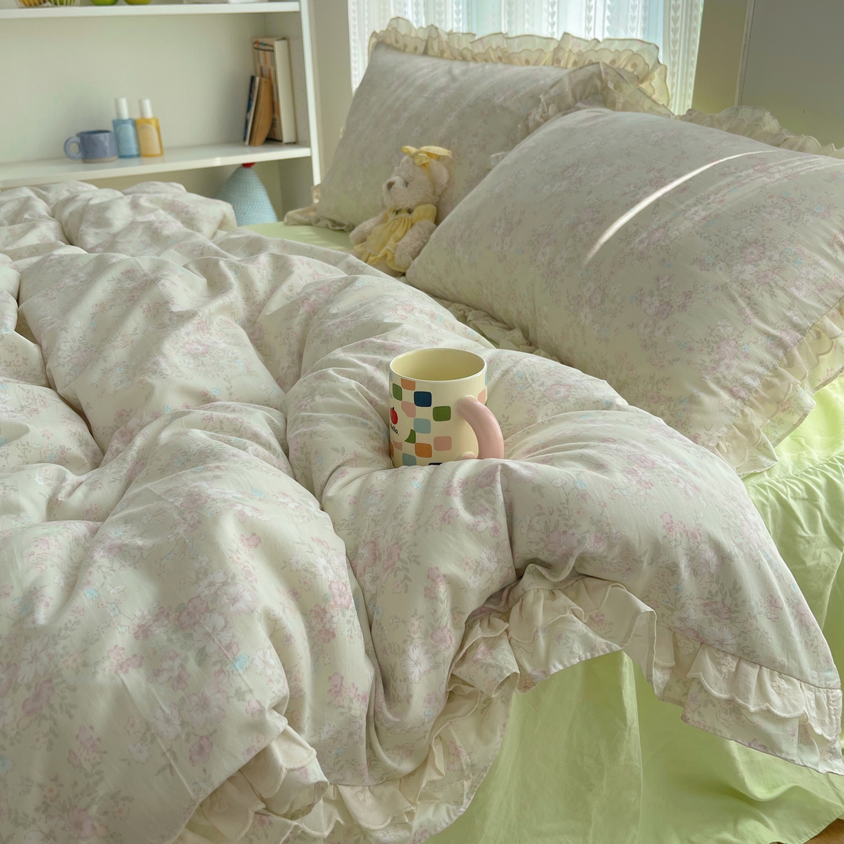 91家纺网 家纺一手货源 找家纺 轻奢坊 2025新款双层花边仙仙碎花水洗棉四件套 花开半仙-绿