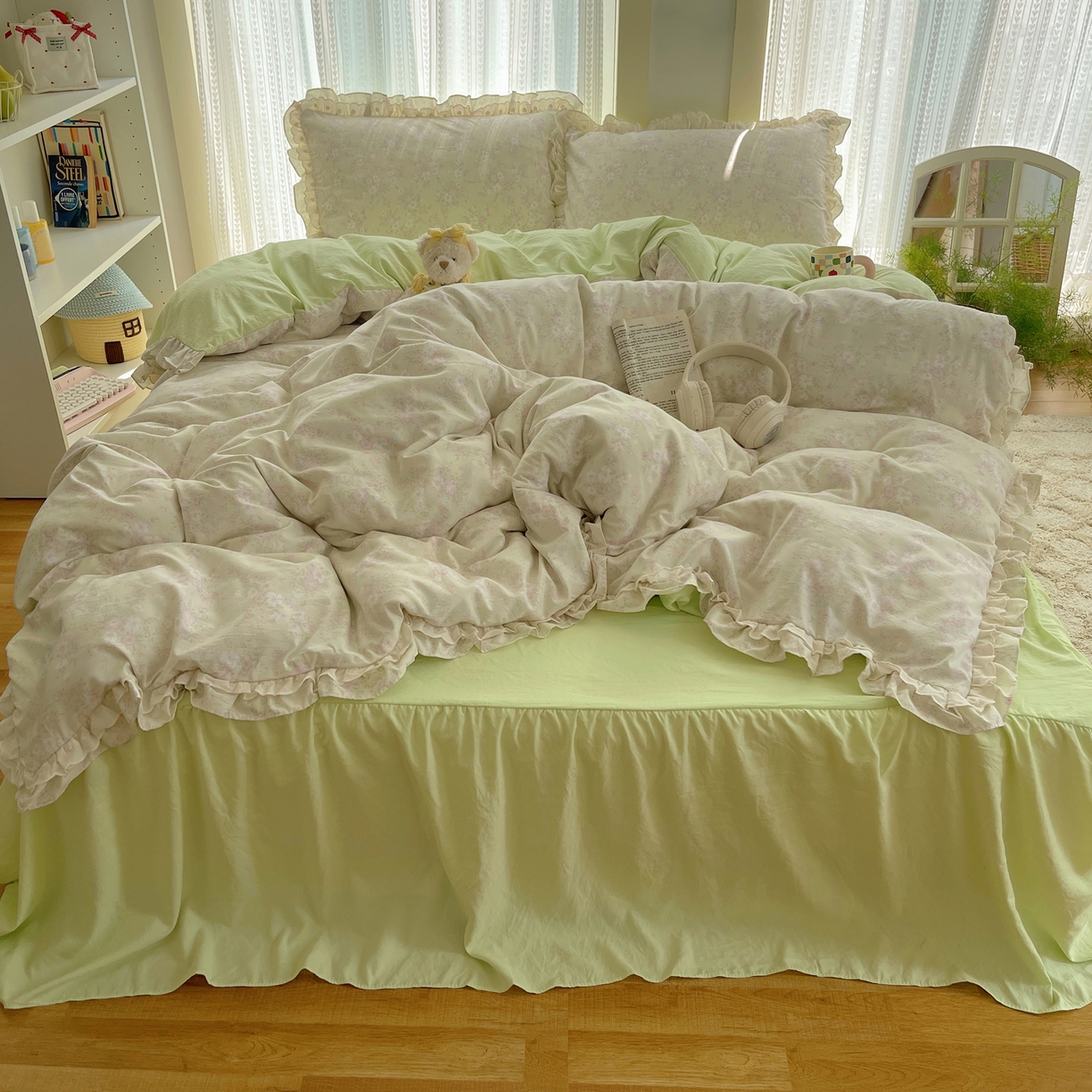 91家纺网 家纺一手货源 找家纺 轻奢坊 2025新款双层花边仙仙碎花水洗棉四件套 花开半仙-绿