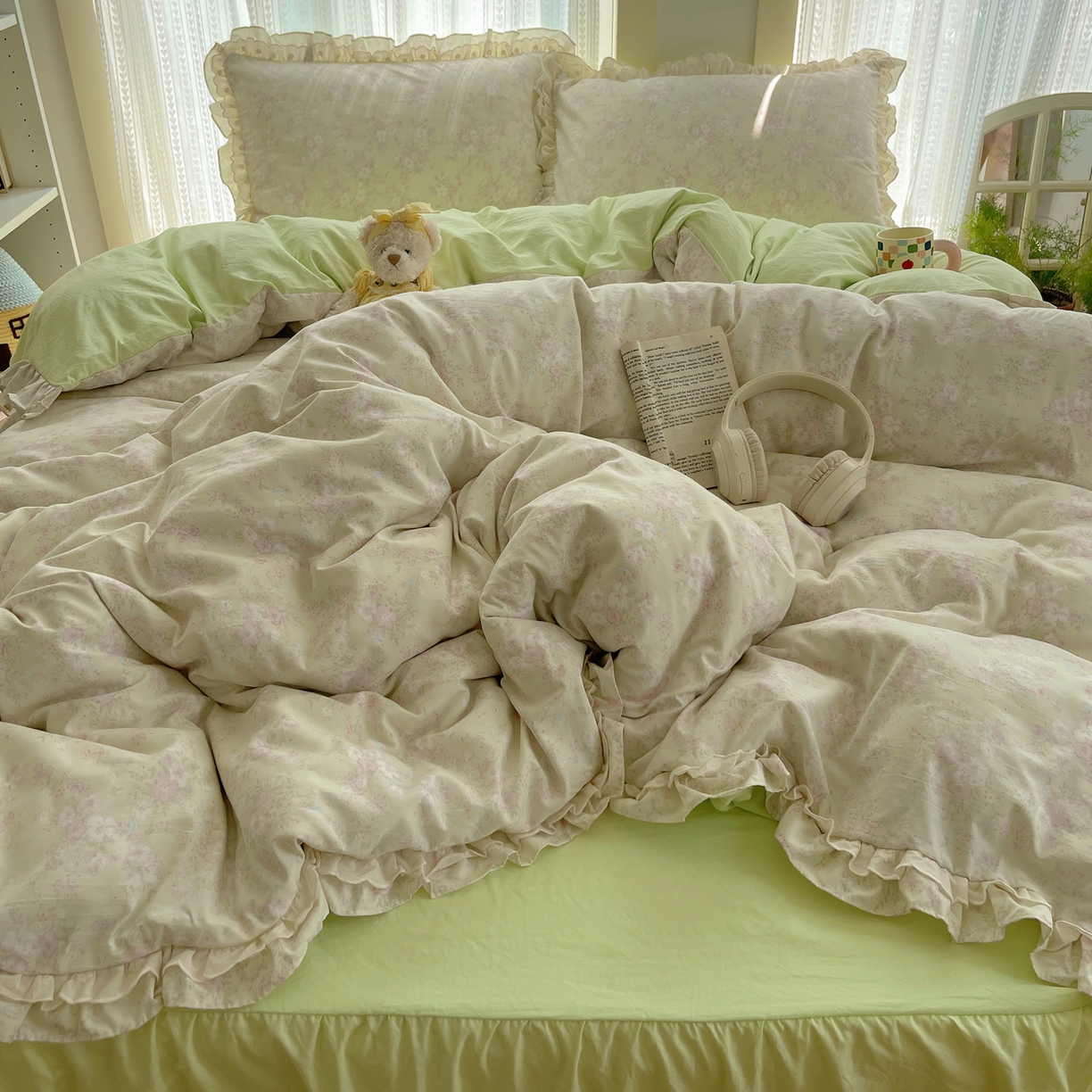 91家纺网 家纺一手货源 找家纺 轻奢坊 2025新款双层花边仙仙碎花水洗棉四件套 花开半仙-绿