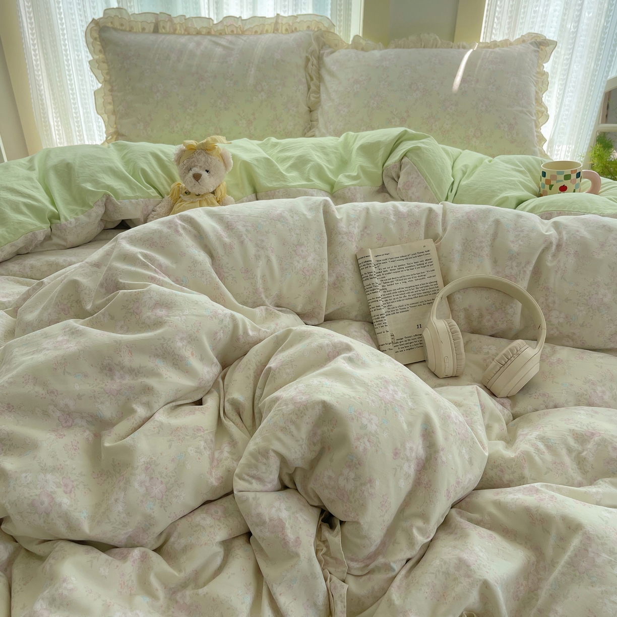 91家纺网 家纺一手货源 找家纺 轻奢坊 2025新款双层花边仙仙碎花水洗棉四件套 花开半仙-绿