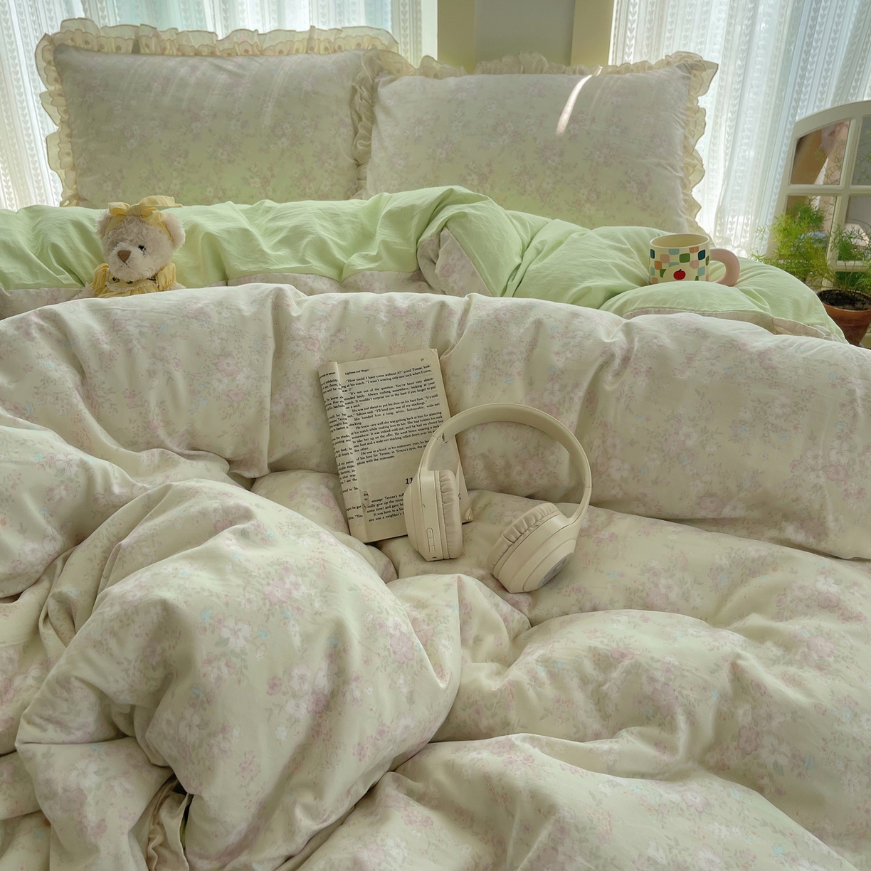 91家纺网 家纺一手货源 找家纺 轻奢坊 2025新款双层花边仙仙碎花水洗棉四件套 花开半仙-绿