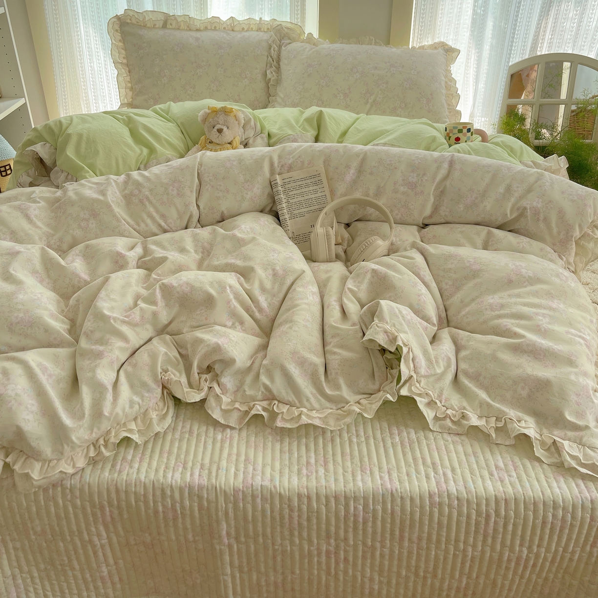 91家纺网 家纺一手货源 找家纺 轻奢坊 2025新款双层花边仙仙碎花水洗棉四件套 花开半仙-绿