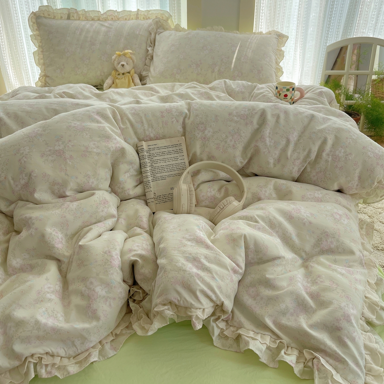 91家纺网 家纺一手货源 找家纺 轻奢坊 2025新款双层花边仙仙碎花水洗棉四件套 花开半仙-绿