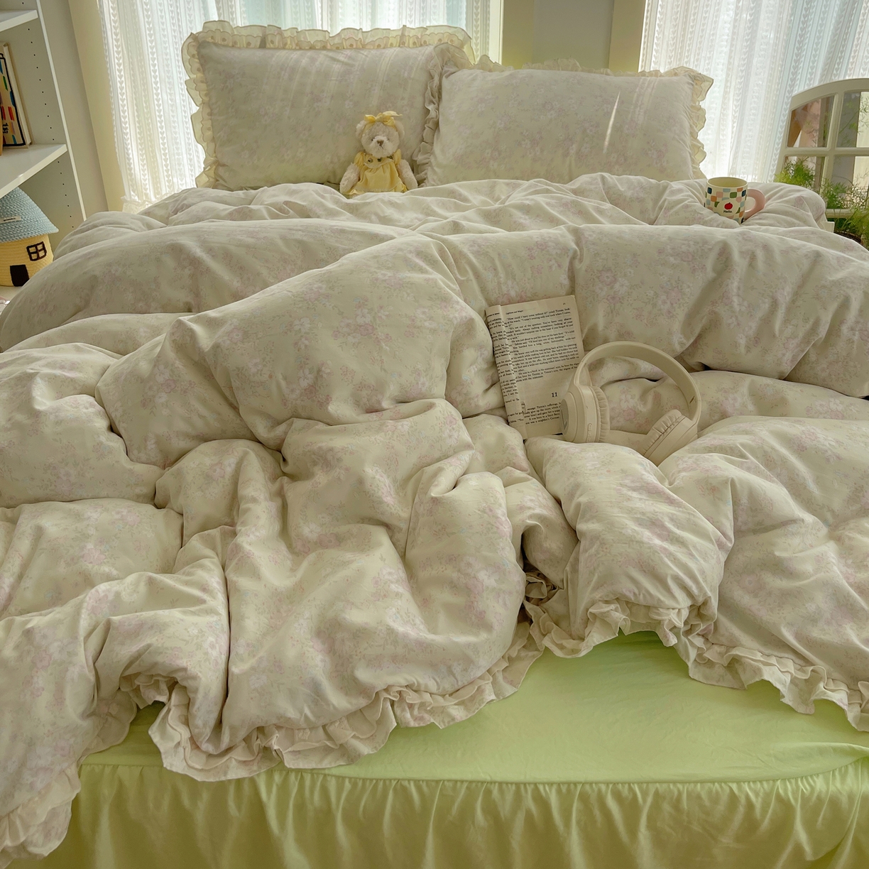 91家纺网 家纺一手货源 找家纺 轻奢坊 2025新款双层花边仙仙碎花水洗棉四件套 花开半仙-绿