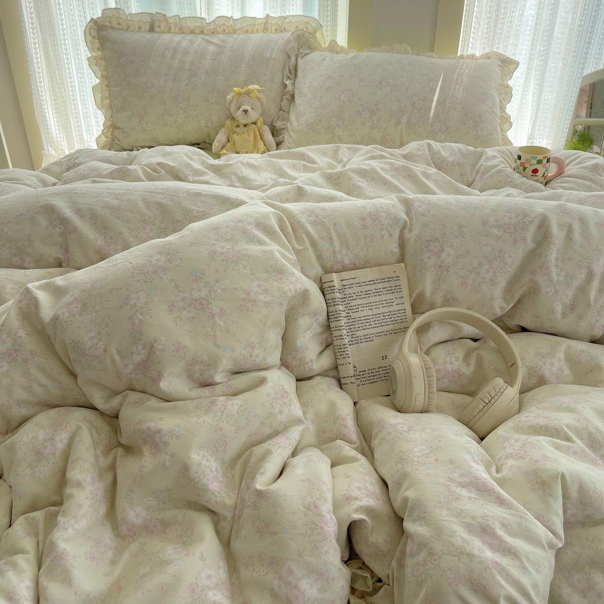 91家纺网 家纺一手货源 找家纺 轻奢坊 2025新款双层花边仙仙碎花水洗棉四件套 花开半仙-绿