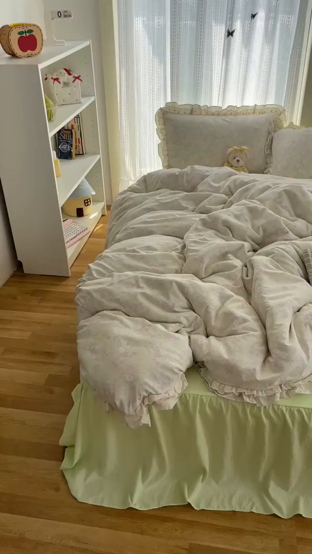 91家纺网 家纺一手货源 找家纺 轻奢坊 2025新款双层花边仙仙碎花水洗棉四件套 花开半仙-绿