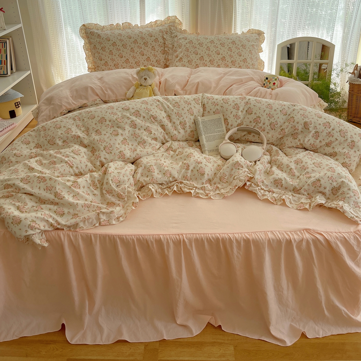 91家纺网 家纺一手货源 找家纺 轻奢坊 2025新款双层花边仙仙碎花水洗棉四件套 花梦境