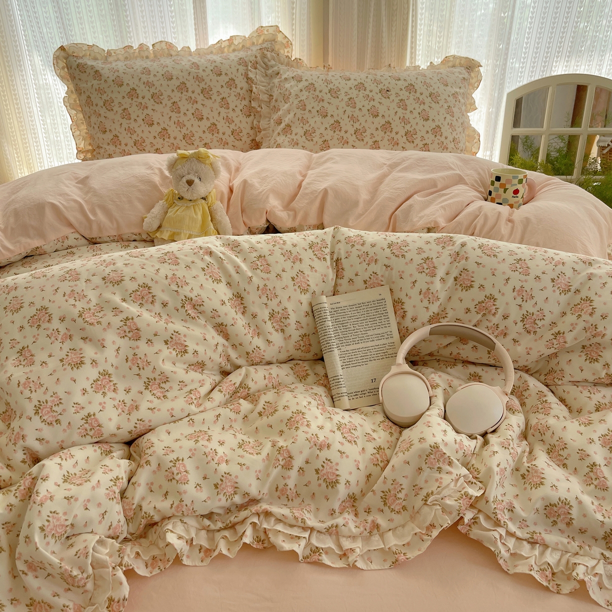 91家纺网 家纺一手货源 找家纺 轻奢坊 2025新款双层花边仙仙碎花水洗棉四件套 花梦境