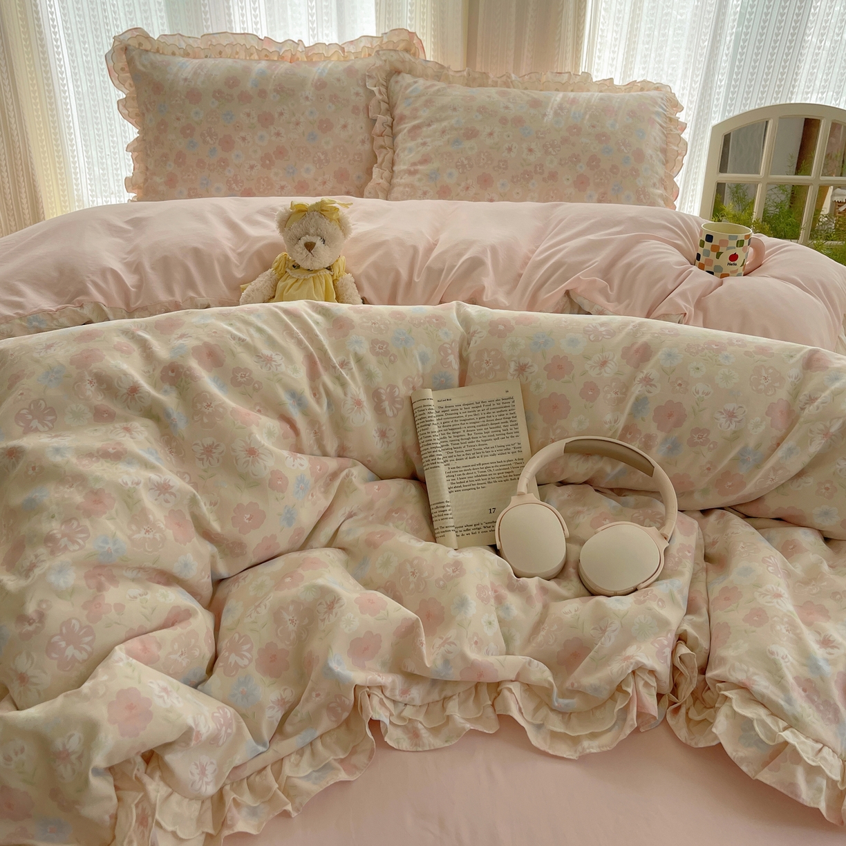 91家纺网 家纺一手货源 找家纺 轻奢坊 2025新款双层花边仙仙碎花水洗棉四件套 花舍里