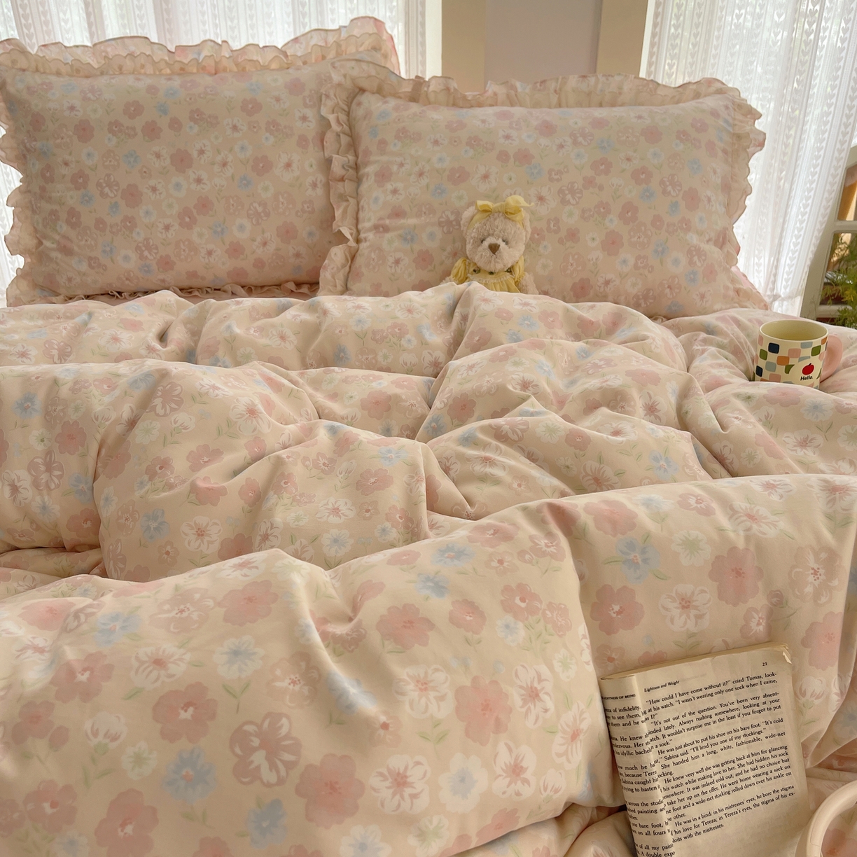 91家纺网 家纺一手货源 找家纺 轻奢坊 2025新款双层花边仙仙碎花水洗棉四件套 花舍里