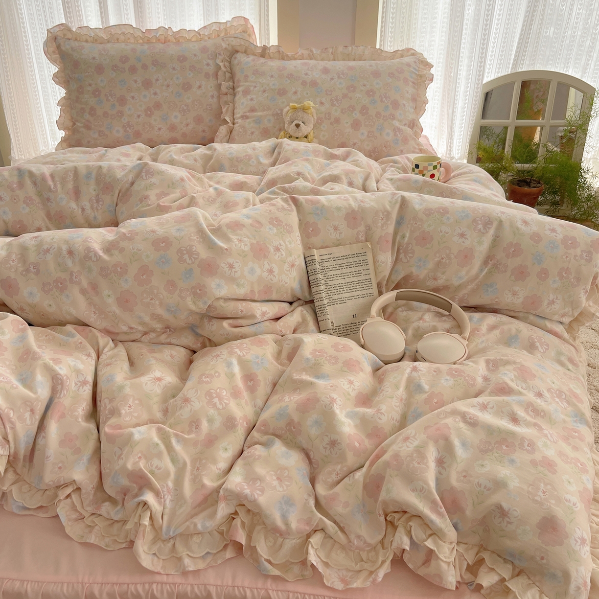 91家纺网 家纺一手货源 找家纺 轻奢坊 2025新款双层花边仙仙碎花水洗棉四件套 花舍里