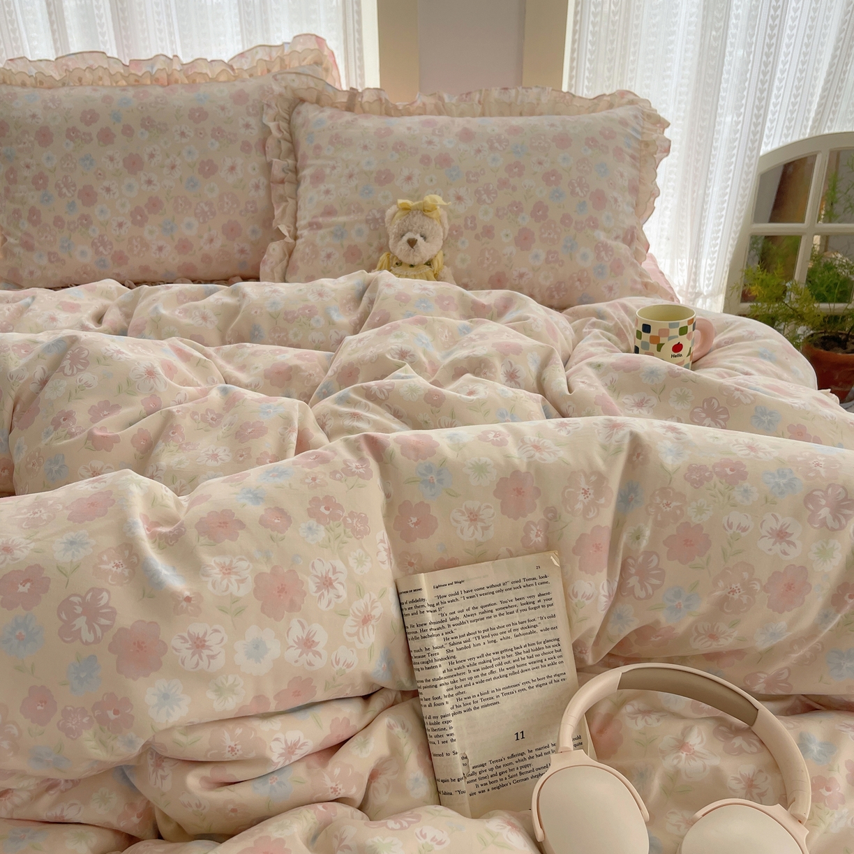 91家纺网 家纺一手货源 找家纺 轻奢坊 2025新款双层花边仙仙碎花水洗棉四件套 花舍里