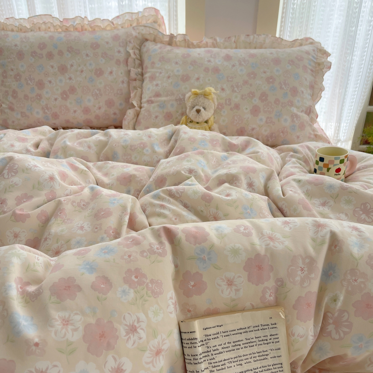 91家纺网 家纺一手货源 找家纺 轻奢坊 2025新款双层花边仙仙碎花水洗棉四件套 花舍里