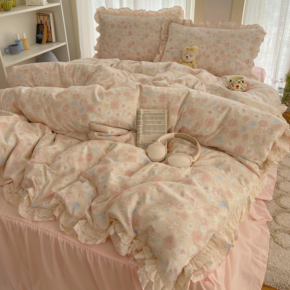 91家纺网 家纺一手货源 找家纺 轻奢坊 2025新款双层花边仙仙碎花水洗棉四件套 花舍里