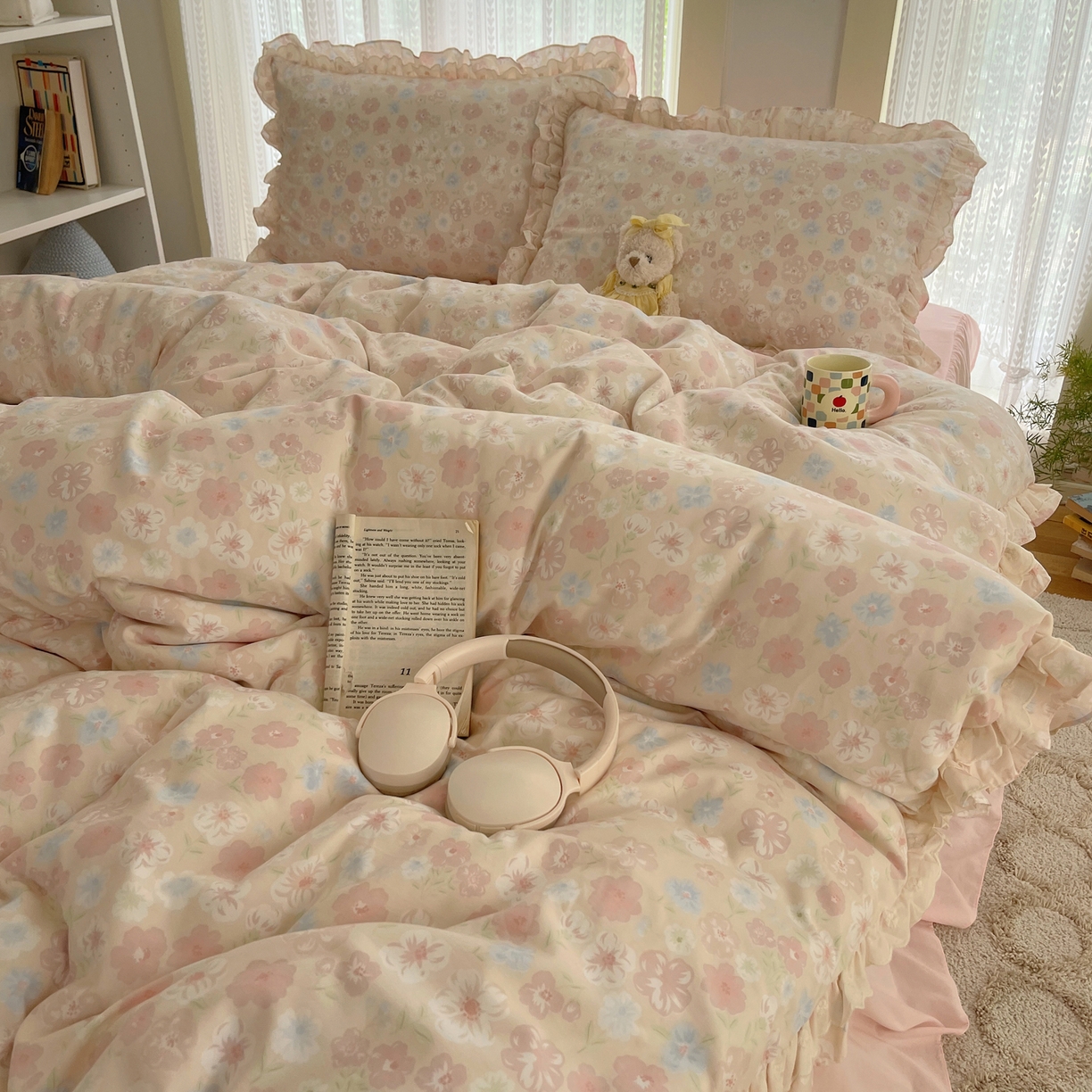 91家纺网 家纺一手货源 找家纺 轻奢坊 2025新款双层花边仙仙碎花水洗棉四件套 花舍里