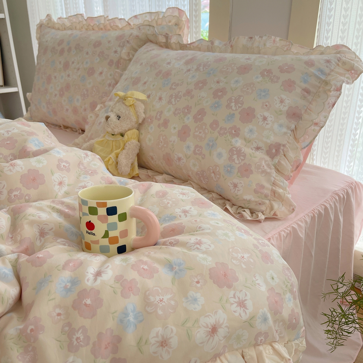 91家纺网 家纺一手货源 找家纺 轻奢坊 2025新款双层花边仙仙碎花水洗棉四件套 花舍里