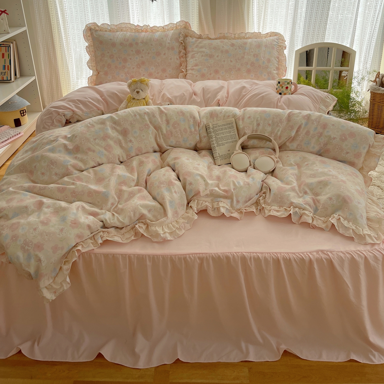 91家纺网 家纺一手货源 找家纺 轻奢坊 2025新款双层花边仙仙碎花水洗棉四件套 花舍里