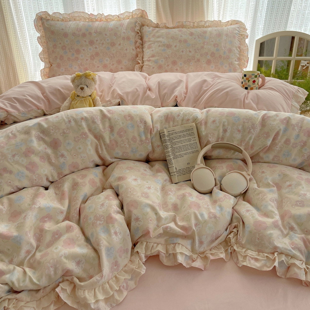 91家纺网 家纺一手货源 找家纺 轻奢坊 2025新款双层花边仙仙碎花水洗棉四件套 花舍里