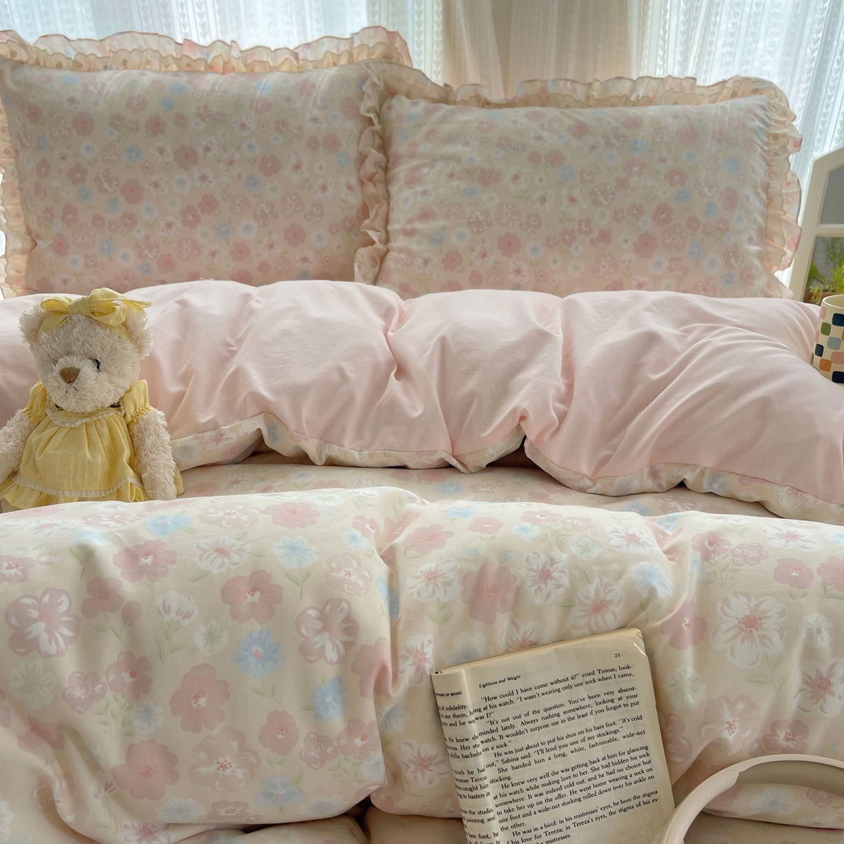 91家纺网 家纺一手货源 找家纺 轻奢坊 2025新款双层花边仙仙碎花水洗棉四件套 花舍里