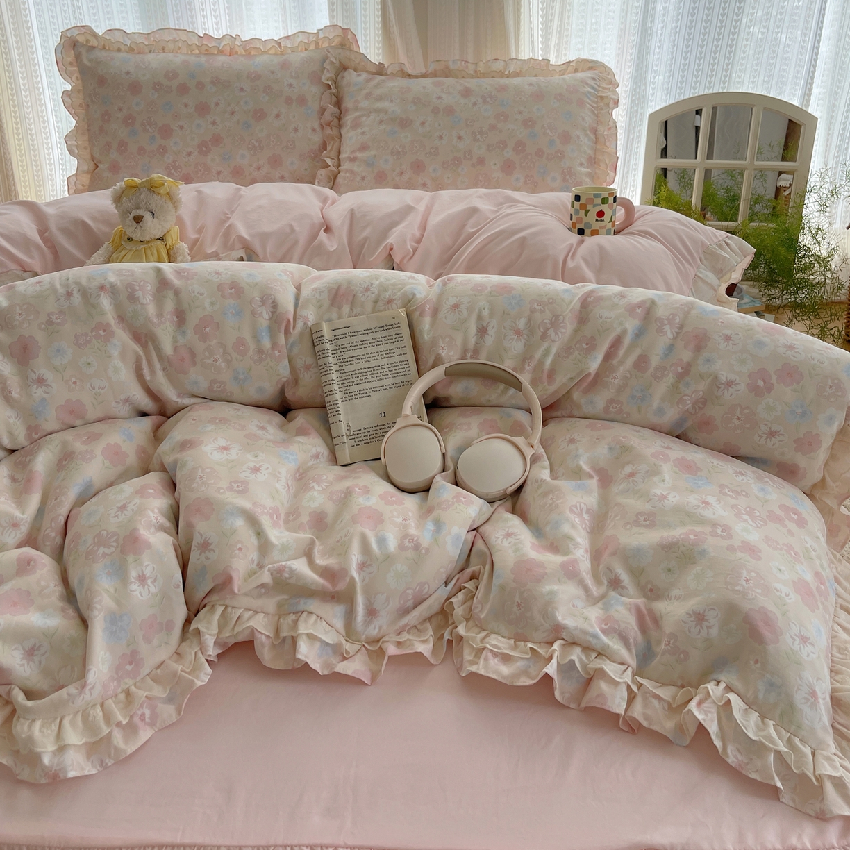 91家纺网 家纺一手货源 找家纺 轻奢坊 2025新款双层花边仙仙碎花水洗棉四件套 花舍里