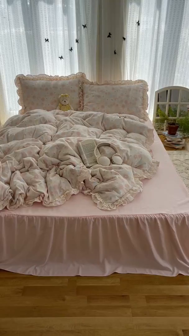 91家纺网 家纺一手货源 找家纺 轻奢坊 2025新款双层花边仙仙碎花水洗棉四件套 花舍里