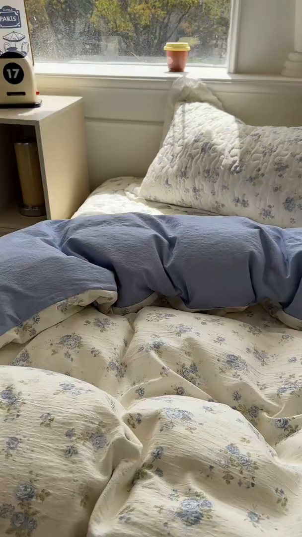 91家纺网 家纺一手货源 找家纺 美梦家纺 2025新款皱皱纱花边夹棉床盖四件套 海盐桃桃