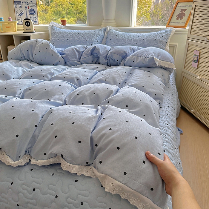 美梦家纺 2025新款皱皱纱花边夹棉床盖四件套 芋泥啵啵