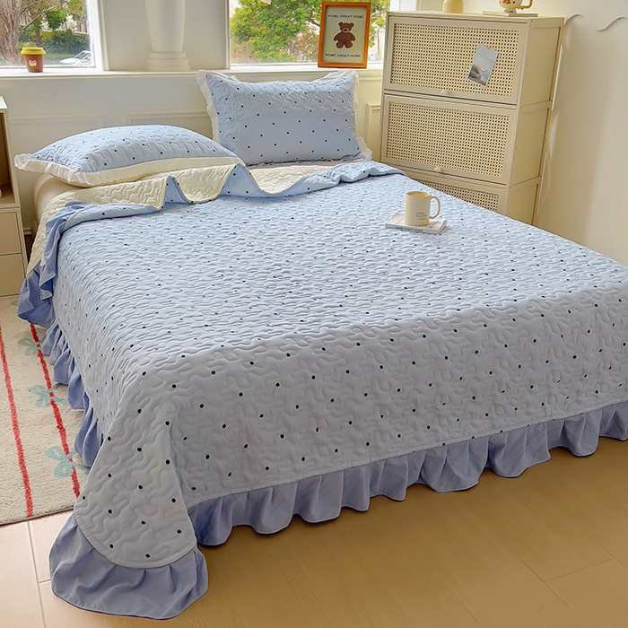 91家纺网 家纺一手货源 找家纺 美梦家纺 2025新款皱皱纱花边夹棉床盖四件套 芋泥啵啵