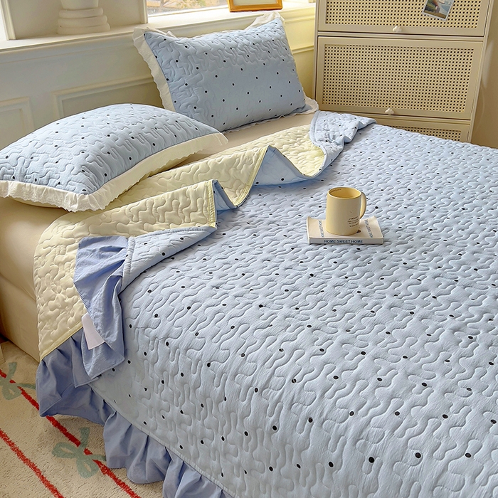 91家纺网 家纺一手货源 找家纺 美梦家纺 2025新款皱皱纱花边夹棉床盖四件套 芋泥啵啵