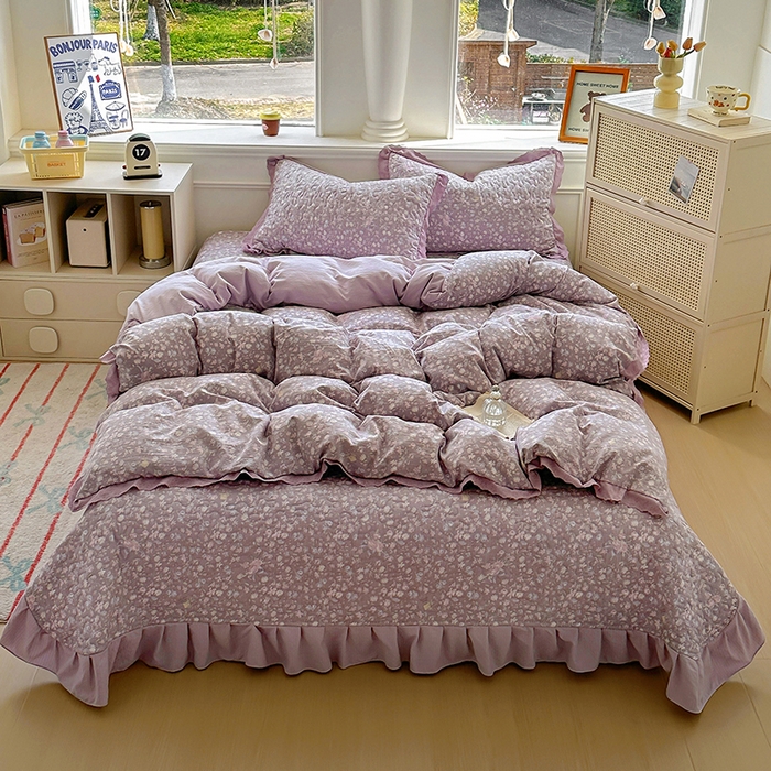 91家纺网 家纺一手货源 找家纺 （总）美梦家纺 2025新款皱皱纱花边夹棉床盖四件套