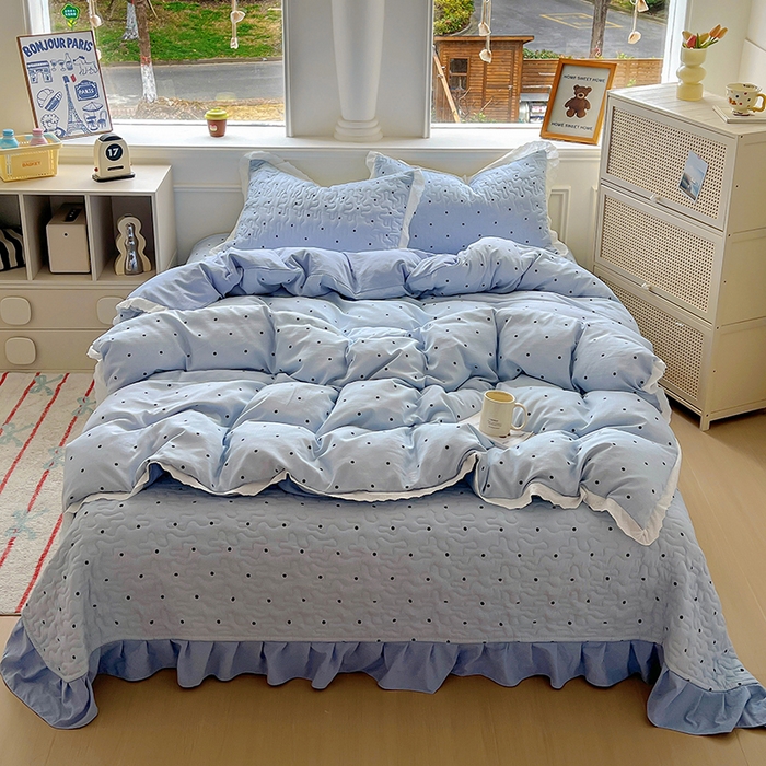 91家纺网 家纺一手货源 找家纺 美梦家纺 2025新款皱皱纱花边夹棉床盖四件套 芋泥啵啵