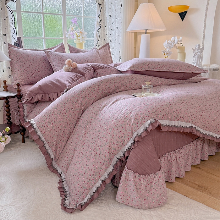 韩约家纺 2025新款1双层刺绣花边法式床盖款棉麻四件套（全网控价：不低于1.5m139，1.8m144，2.0m149，2.0加大154） 樱樱季