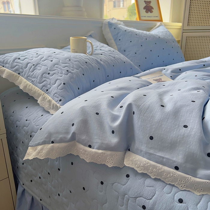 91家纺网 家纺一手货源 找家纺 美梦家纺 2025新款皱皱纱花边夹棉床盖四件套 芋泥啵啵