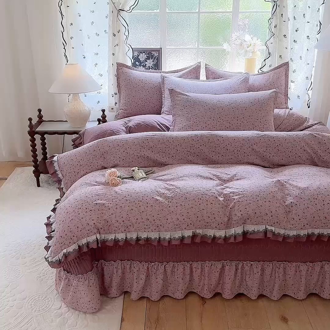 91家纺网 家纺一手货源 找家纺 韩约家纺 2025新款1双层刺绣花边法式床盖款棉麻四件套（全网控价：不低于1.5m139，1.8m144，2.0m149，2.0加大154） 樱樱季