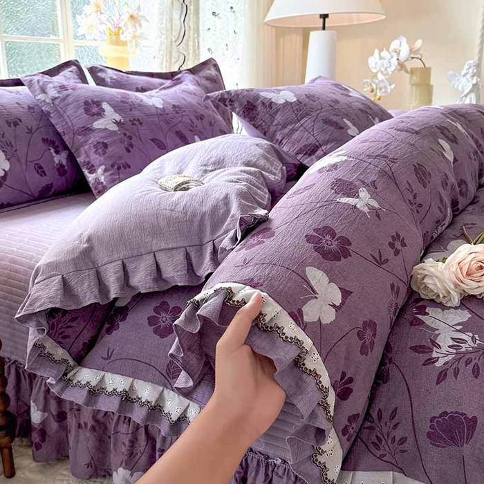 91家纺网 家纺一手货源 找家纺 韩约家纺 2025新款1双层刺绣花边法式床盖款棉麻四件套（全网控价：不低于1.5m139，1.8m144，2.0m149，2.0加大154） 雨蝶