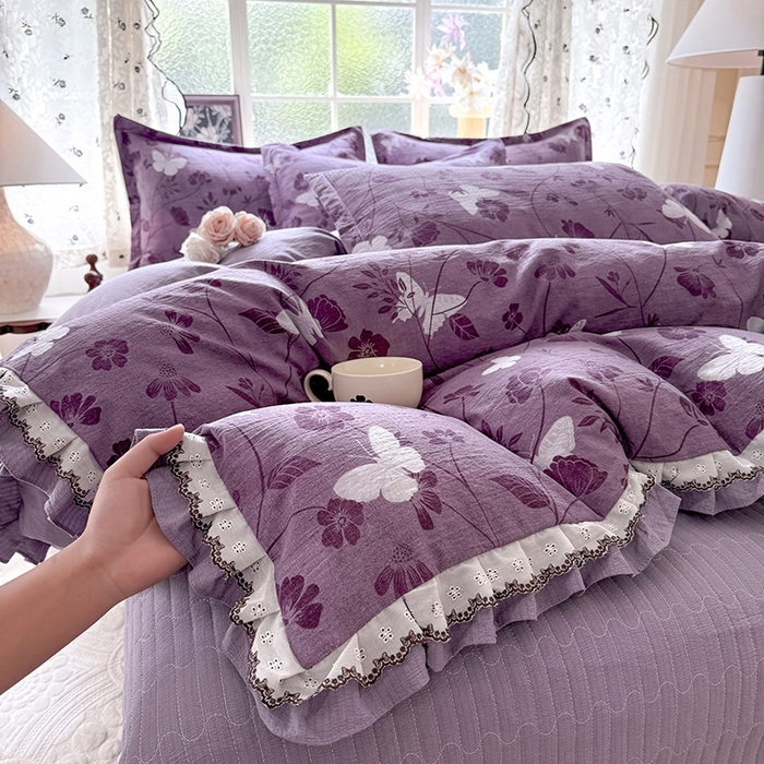 91家纺网 家纺一手货源 找家纺 韩约家纺 2025新款1双层刺绣花边法式床盖款棉麻四件套（全网控价：不低于1.5m139，1.8m144，2.0m149，2.0加大154） 雨蝶