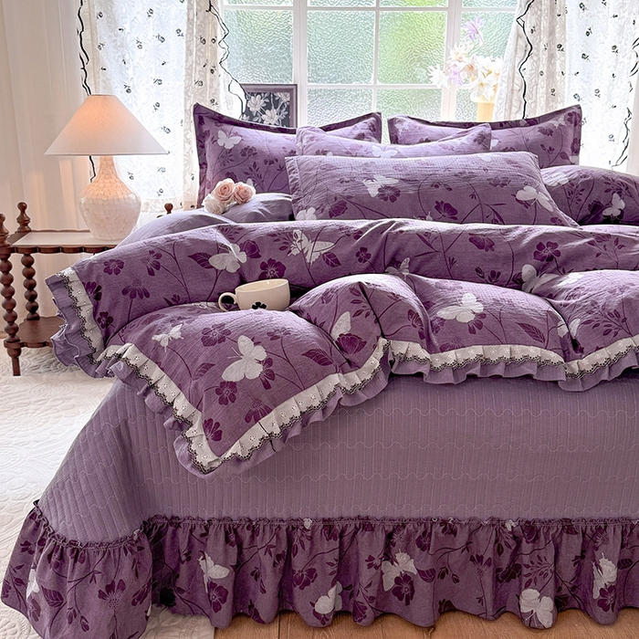 91家纺网 家纺一手货源 找家纺 韩约家纺 2025新款1双层刺绣花边法式床盖款棉麻四件套（全网控价：不低于1.5m139，1.8m144，2.0m149，2.0加大154） 雨蝶