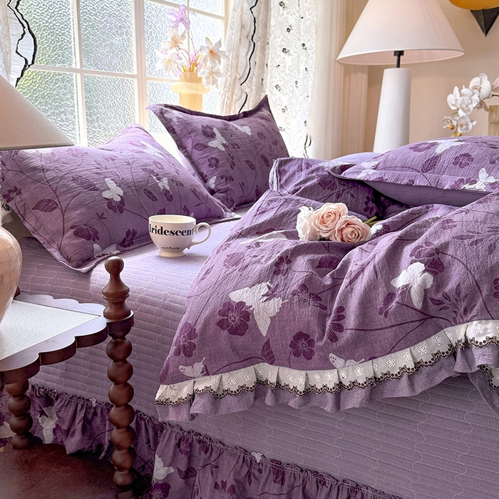 91家纺网 家纺一手货源 找家纺 韩约家纺 2025新款1双层刺绣花边法式床盖款棉麻四件套（全网控价：不低于1.5m139，1.8m144，2.0m149，2.0加大154） 雨蝶