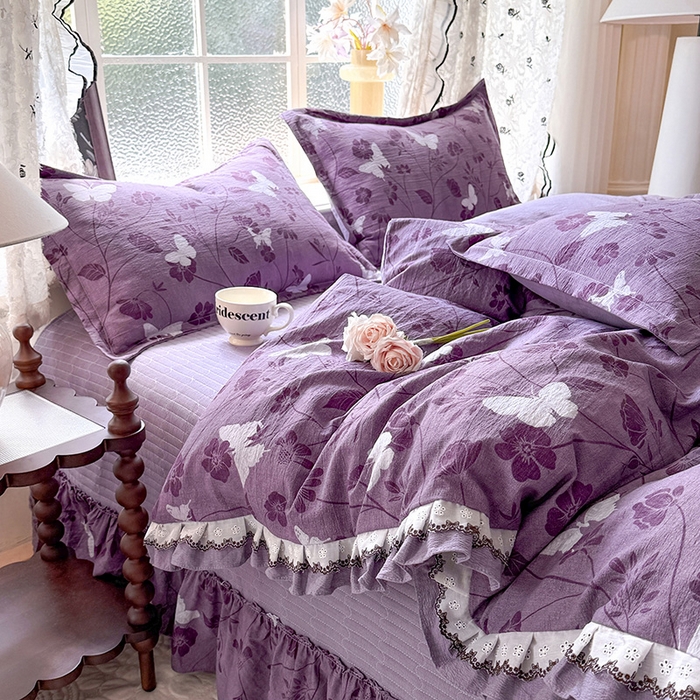 91家纺网 家纺一手货源 找家纺 韩约家纺 2025新款1双层刺绣花边法式床盖款棉麻四件套（全网控价：不低于1.5m139，1.8m144，2.0m149，2.0加大154） 雨蝶