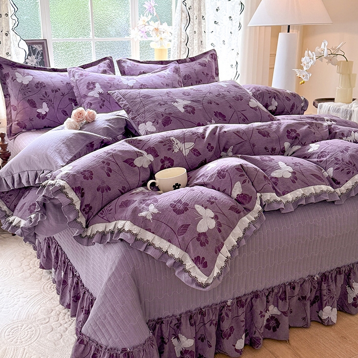 91家纺网 家纺一手货源 找家纺 韩约家纺 2025新款1双层刺绣花边法式床盖款棉麻四件套（全网控价：不低于1.5m139，1.8m144，2.0m149，2.0加大154） 雨蝶