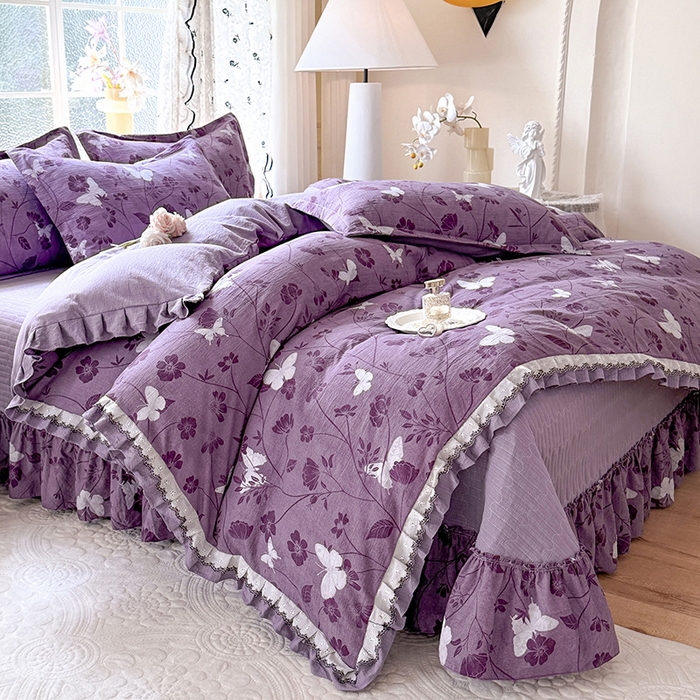 91家纺网 家纺一手货源 找家纺 韩约家纺 2025新款1双层刺绣花边法式床盖款棉麻四件套（全网控价：不低于1.5m139，1.8m144，2.0m149，2.0加大154） 雨蝶