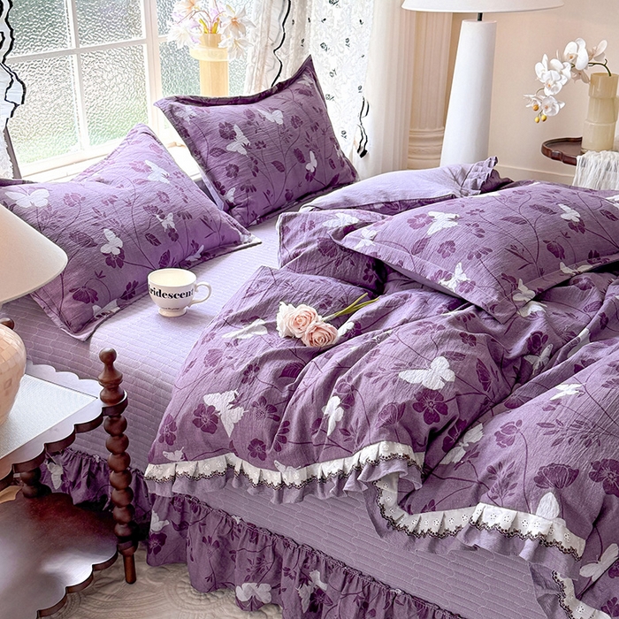 91家纺网 家纺一手货源 找家纺 韩约家纺 2025新款1双层刺绣花边法式床盖款棉麻四件套（全网控价：不低于1.5m139，1.8m144，2.0m149，2.0加大154） 雨蝶