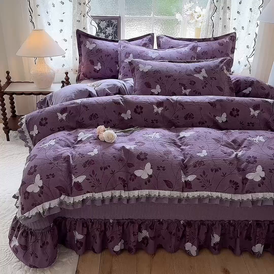 91家纺网 家纺一手货源 找家纺 韩约家纺 2025新款1双层刺绣花边法式床盖款棉麻四件套（全网控价：不低于1.5m139，1.8m144，2.0m149，2.0加大154） 雨蝶